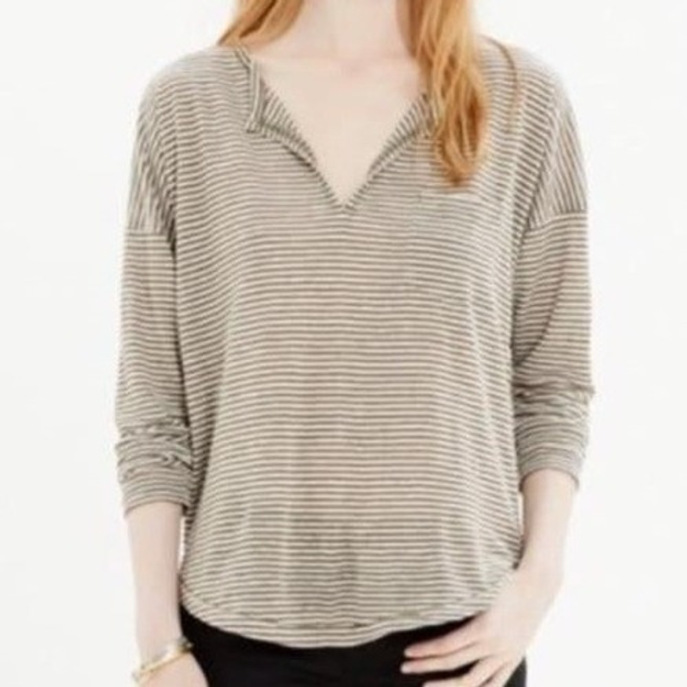 Madewell Linen Striped V-Neck Top Womens Small Olive Green 3/4 Sleeve Pocket Tee